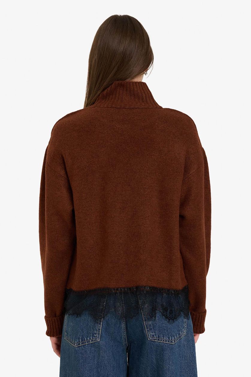 نساء بني بلوز صوف قصة عادية بياخة عالية هاينك