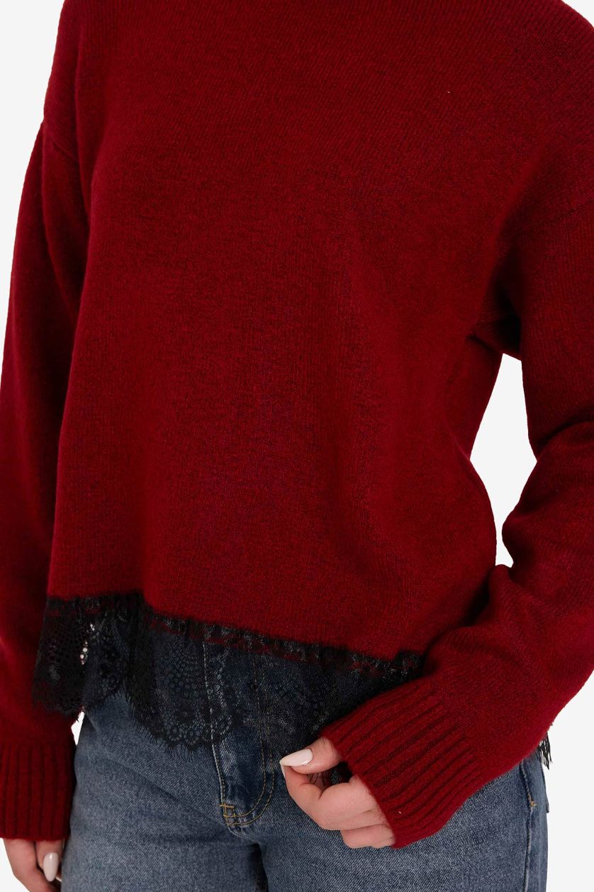 Kadın Bordo Regular Fit Balıkçı Yaka Etek Ucu Dantel Detaylı Kazak