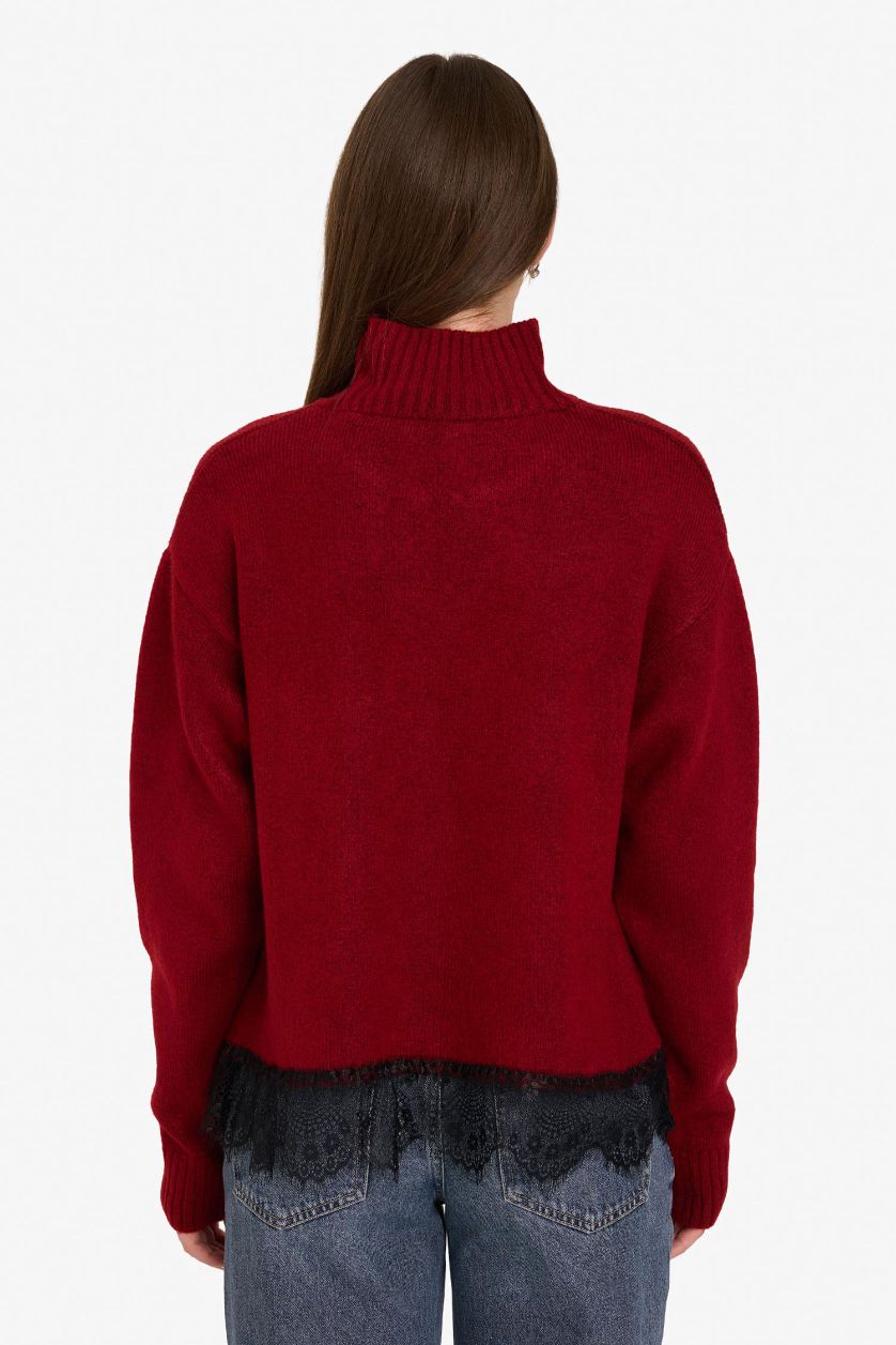 Kadın Bordo Regular Fit Balıkçı Yaka Etek Ucu Dantel Detaylı Kazak