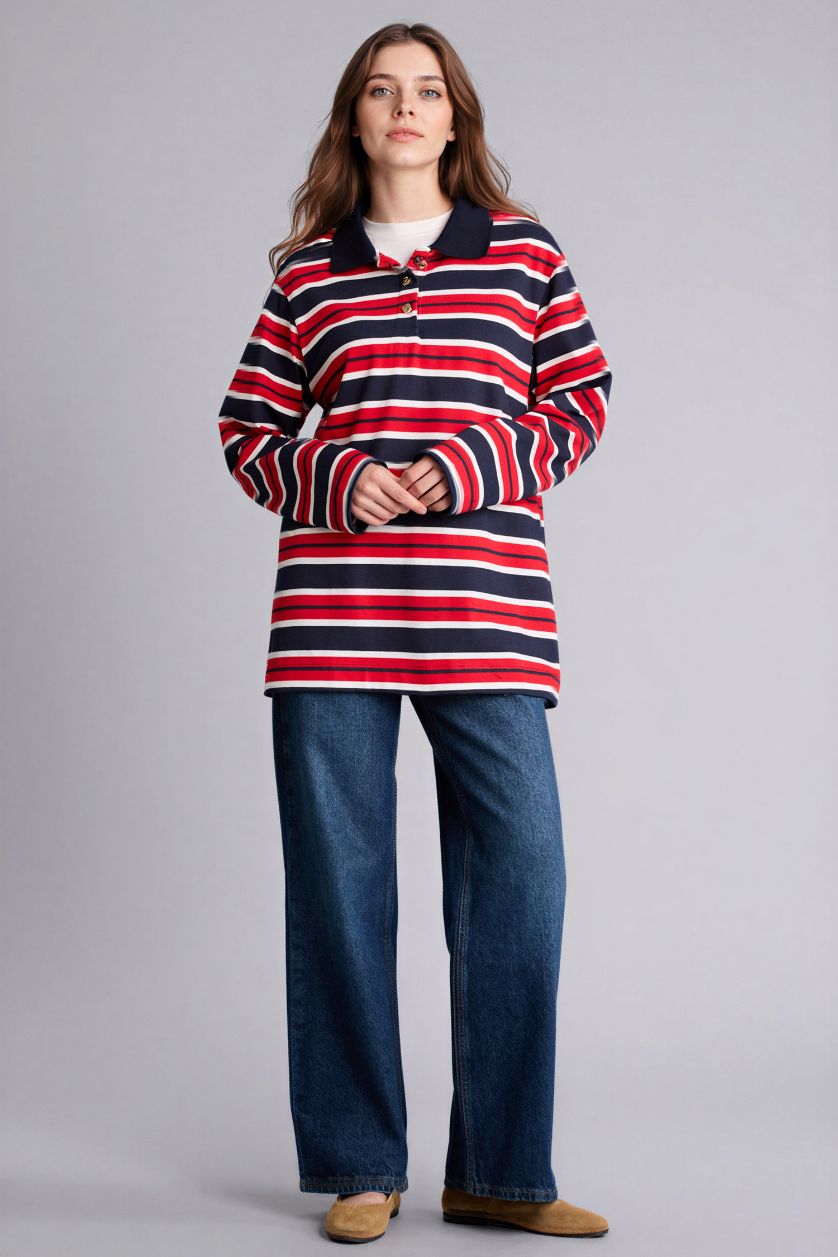 Kadın Lacivert Çizgili Sweatshirt Tunik