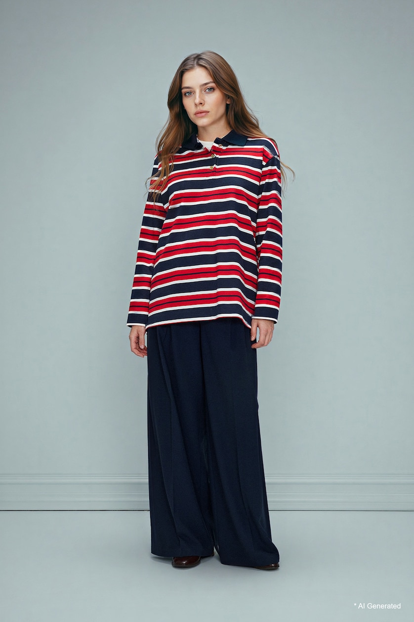 Kadın Lacivert %100 Pamuk Regular Fıt Polo Yaka Sweatshirt Tunik