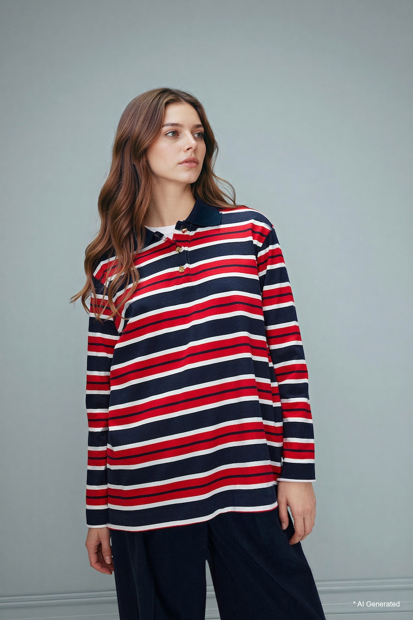 Kadın Lacivert %100 Pamuk Regular Fıt Polo Yaka Sweatshirt Tunik