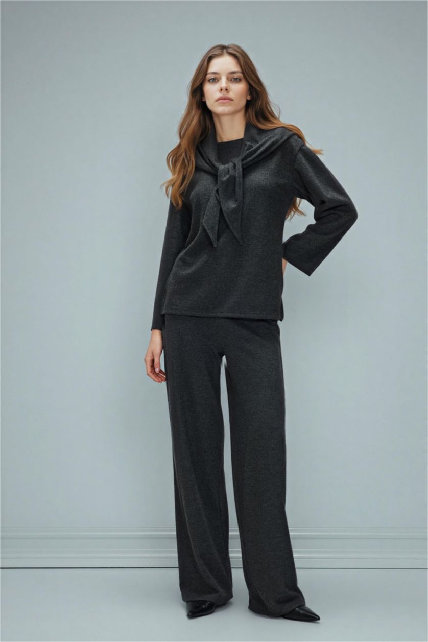 Kadın Antrasit Melanj Wide Leg Selanik Kumaş Pantolon