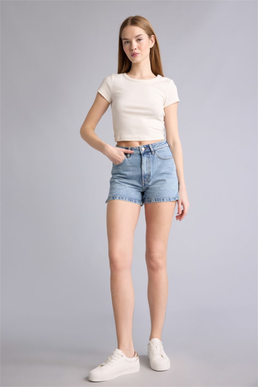 Әйелдерге Ашық Көк Mom Fit жоғары белді тік балақ джинс шорты