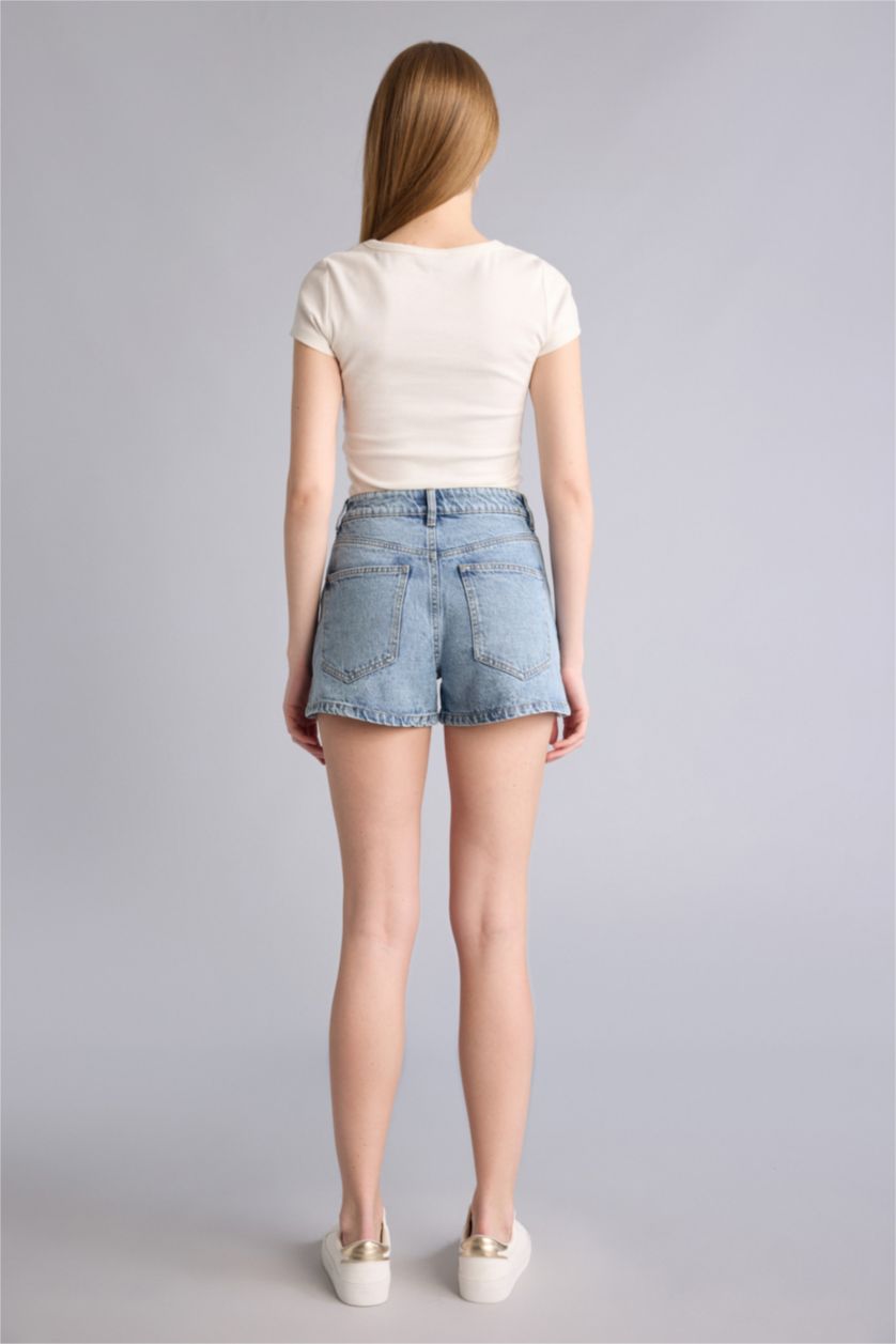 Әйелдерге Ашық Көк Mom Fit жоғары белді тік балақ джинс шорты