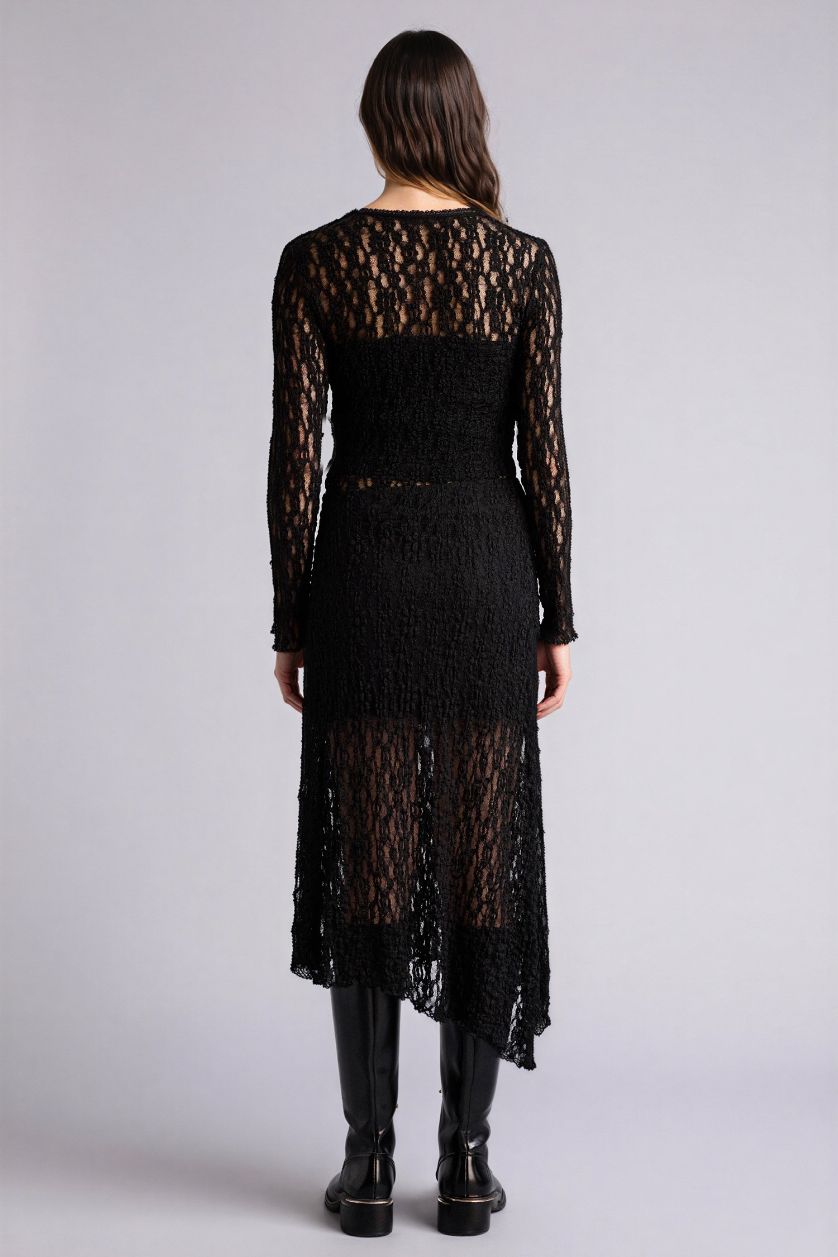 Kadın Siyah Asimetrik Penye Astar Dantel Midi Etek