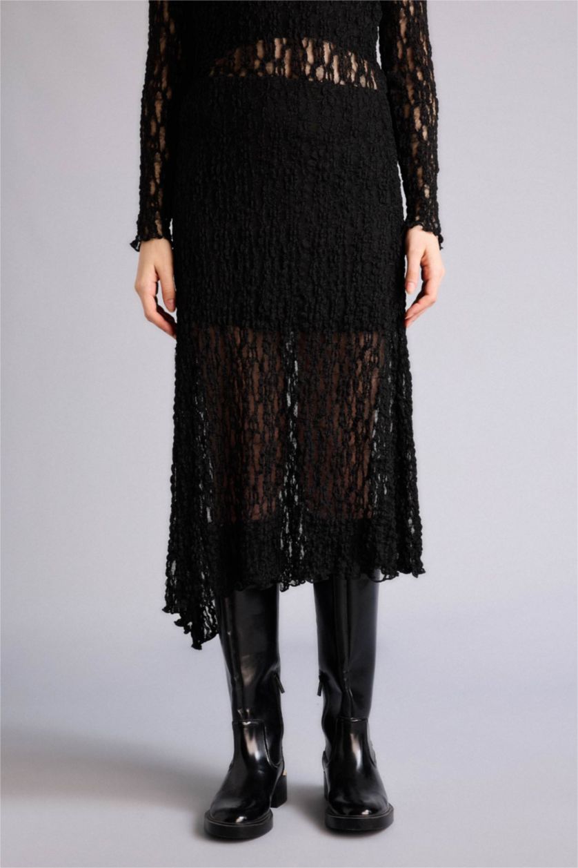 Женщины Черный Асимметричная кружевная юбка миди с трикотажной подкладкой
