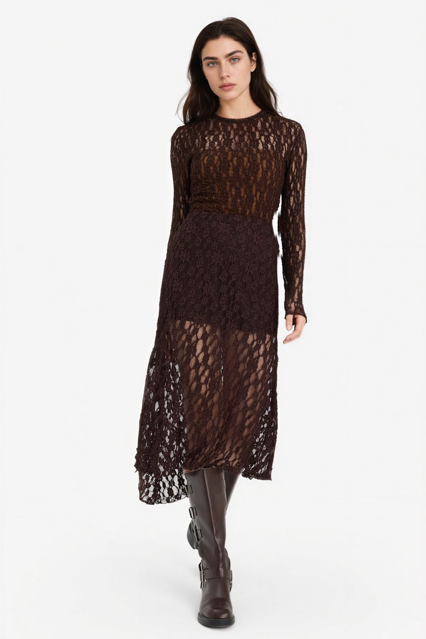 Kadın Koyu Kahve Asimetrik Normal Bel Penye Astar Dantel Midi Etek