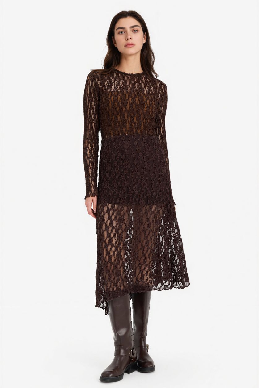 Kadın Koyu Kahve Asimetrik Normal Bel Penye Astar Dantel Midi Etek