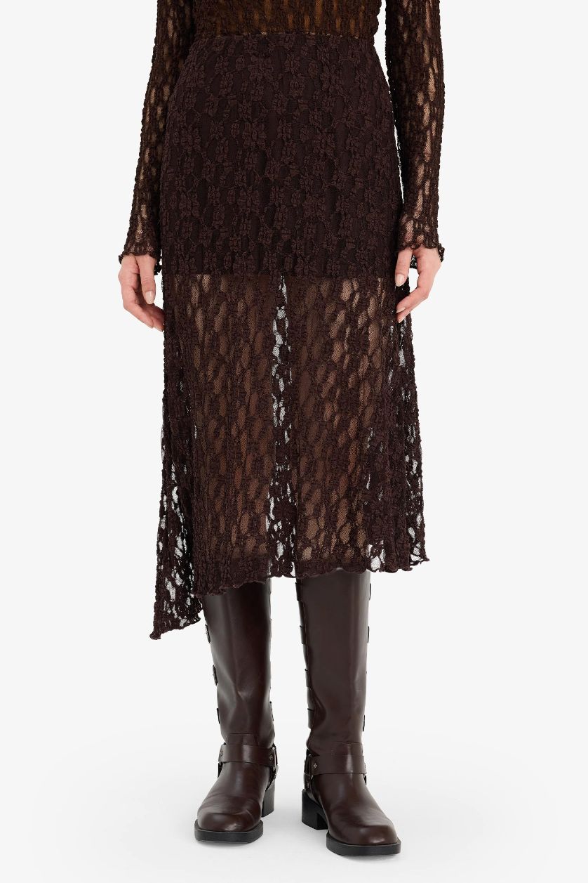 Kadın Koyu Kahve Asimetrik Normal Bel Penye Astar Dantel Midi Etek