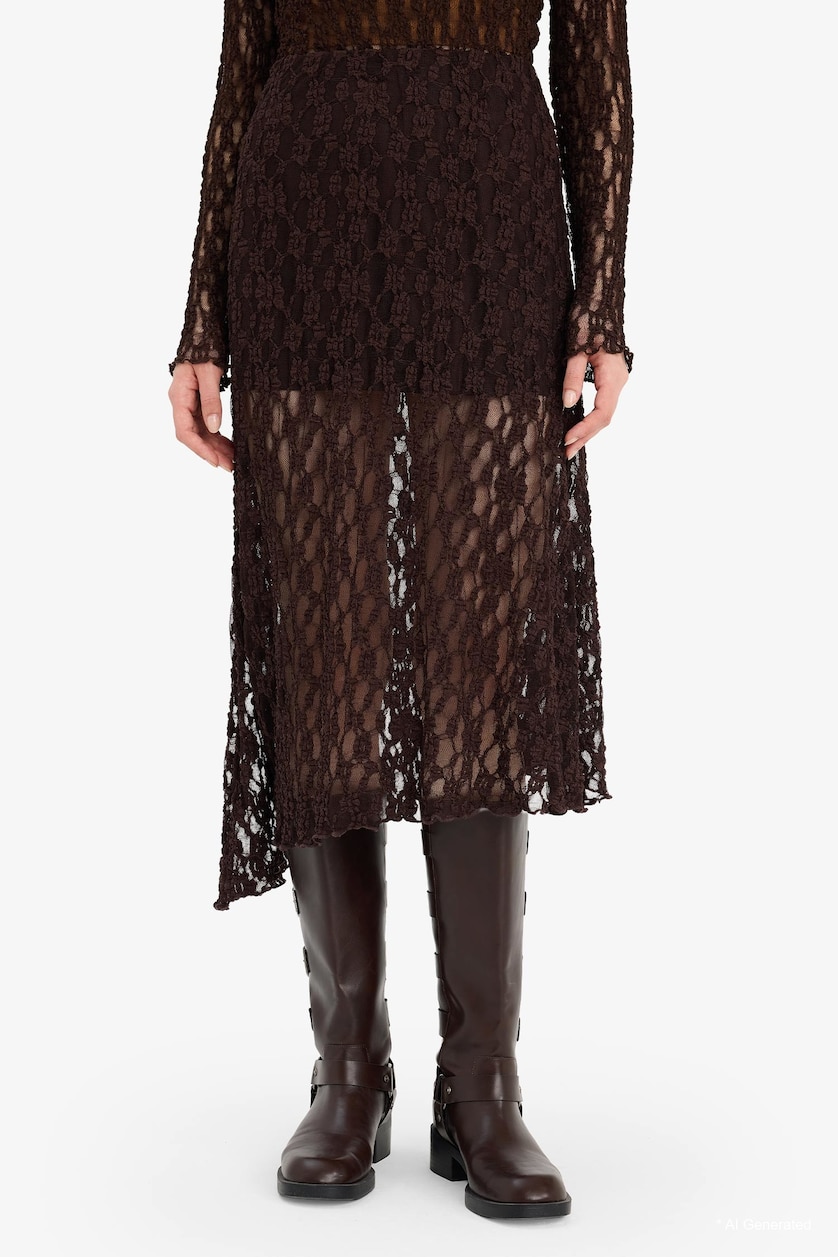 WOMAN Dark Brown Asymmetric Lace with Lining Normal Waist Midi Skirt