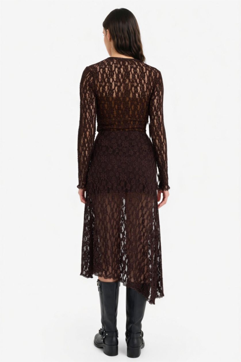 نساء بني غامق تنورة ميدي بالدانتيل غير متماثل بخصر عادي بطانة جيرسي