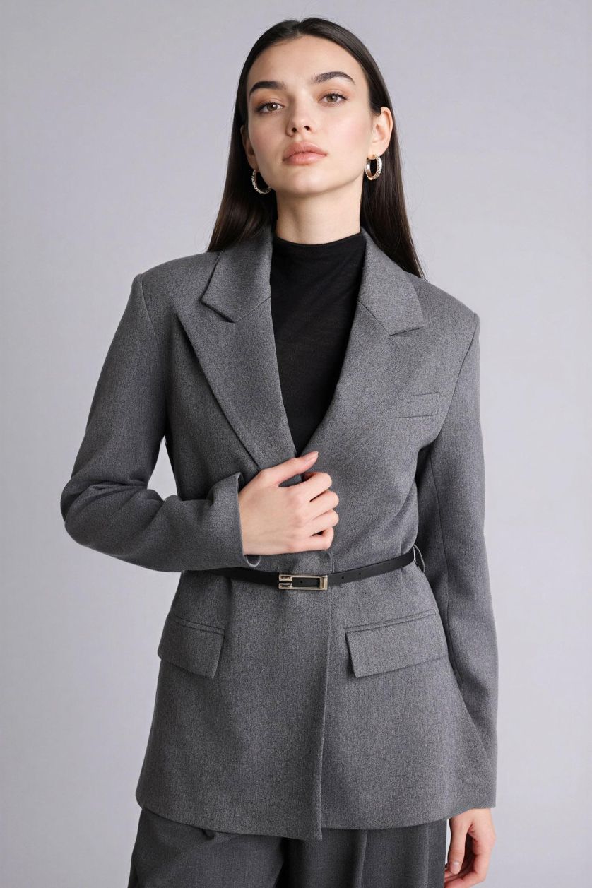 Woman Anthracite Regular Fit Jacket Collar Blazer