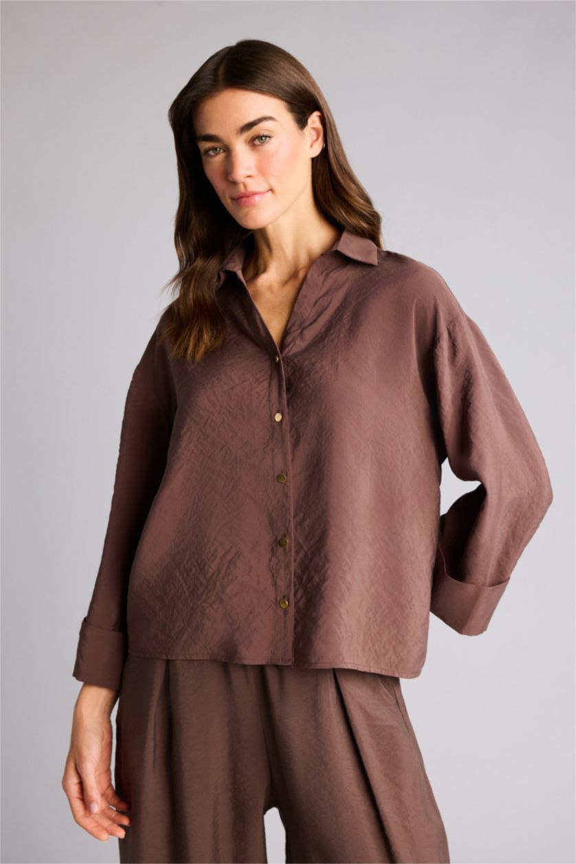 Әйелдерге Қоңыр Overshirt Fit жейде жағалы модал ұзын жеңді жейде