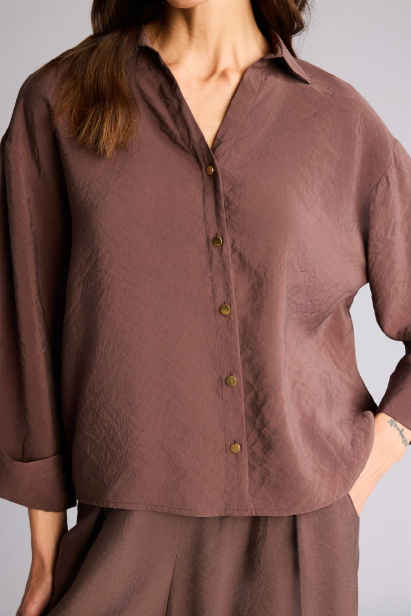 Әйелдерге Қоңыр Overshirt Fit жейде жағалы модал ұзын жеңді жейде