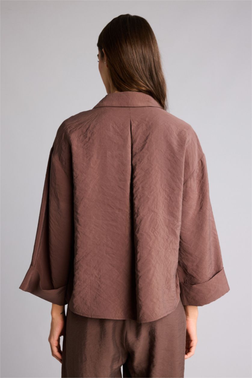 Әйелдерге Қоңыр Overshirt Fit жейде жағалы модал ұзын жеңді жейде