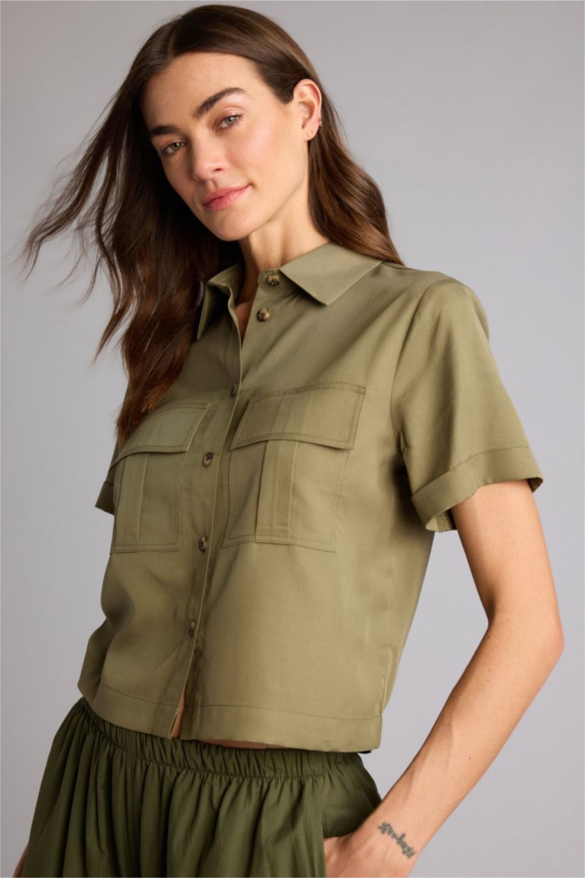 Женщины Хаки Рубашка Regular Fit с рубашечным воротником и коротким рукавом