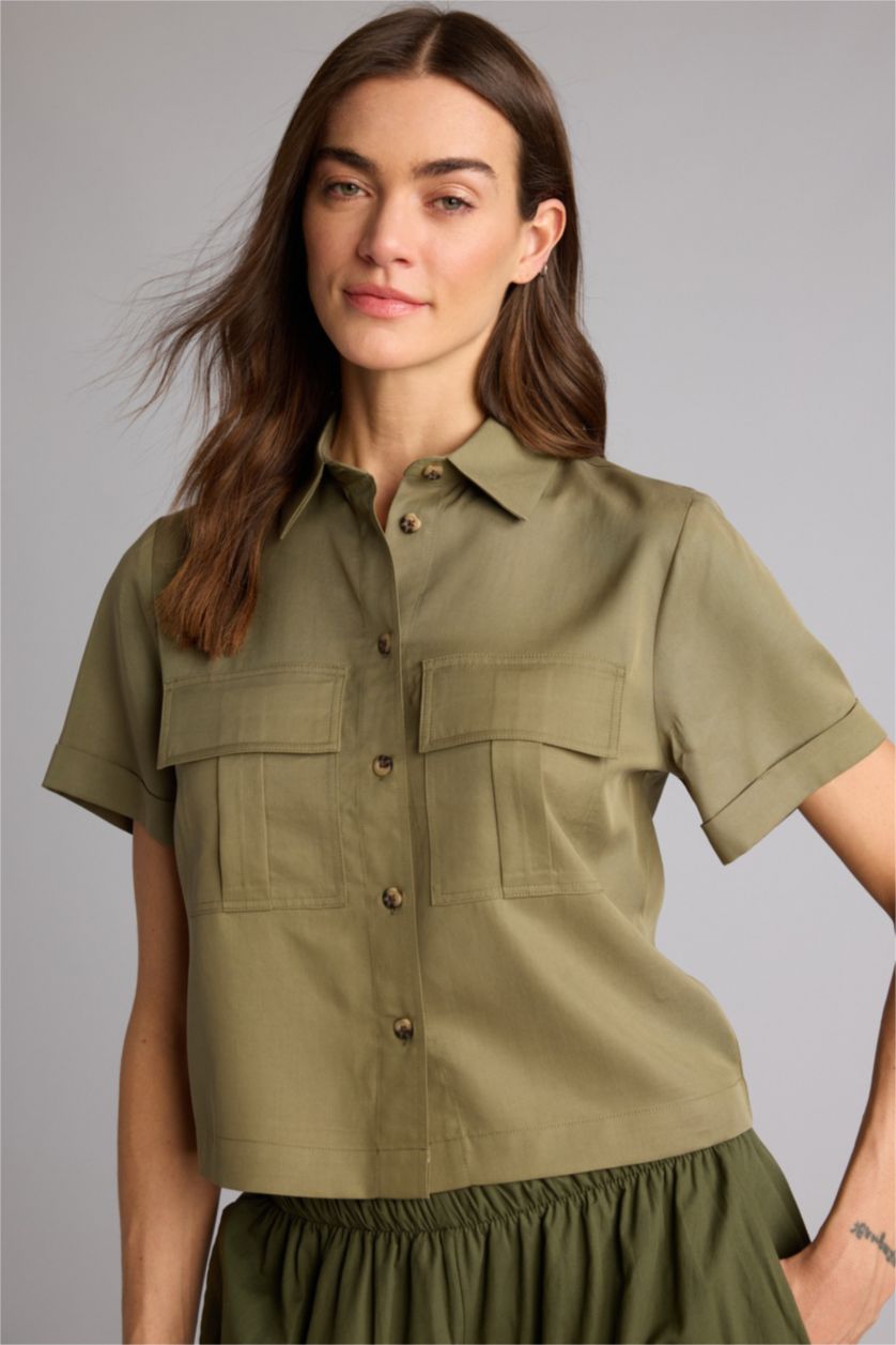 Женщины Хаки Рубашка Regular Fit с рубашечным воротником и коротким рукавом