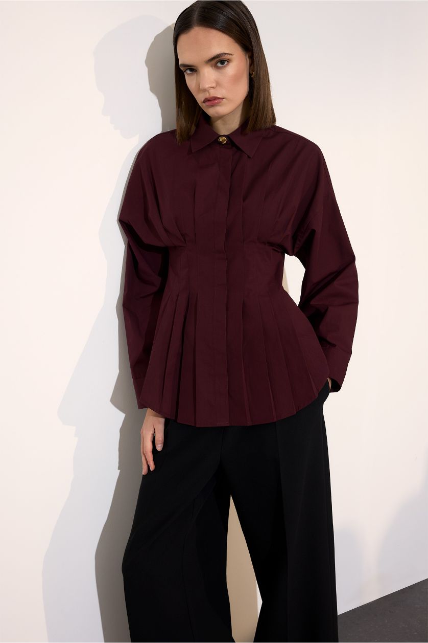 Kadın Bordo %100 Pamuk Fıtted Poplin Gömlek