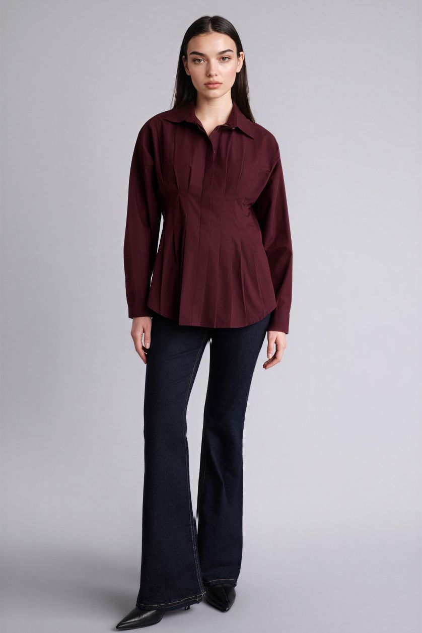 Kadın Bordo %100 Pamuk Fıtted Poplin Gömlek