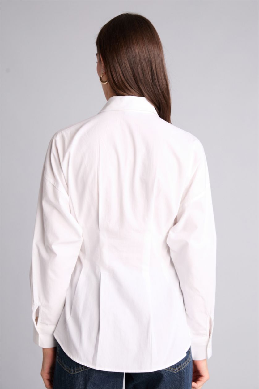Kadın Beyaz Fıtted Gömlek Yaka Poplin Uzun Kollu Gömlek