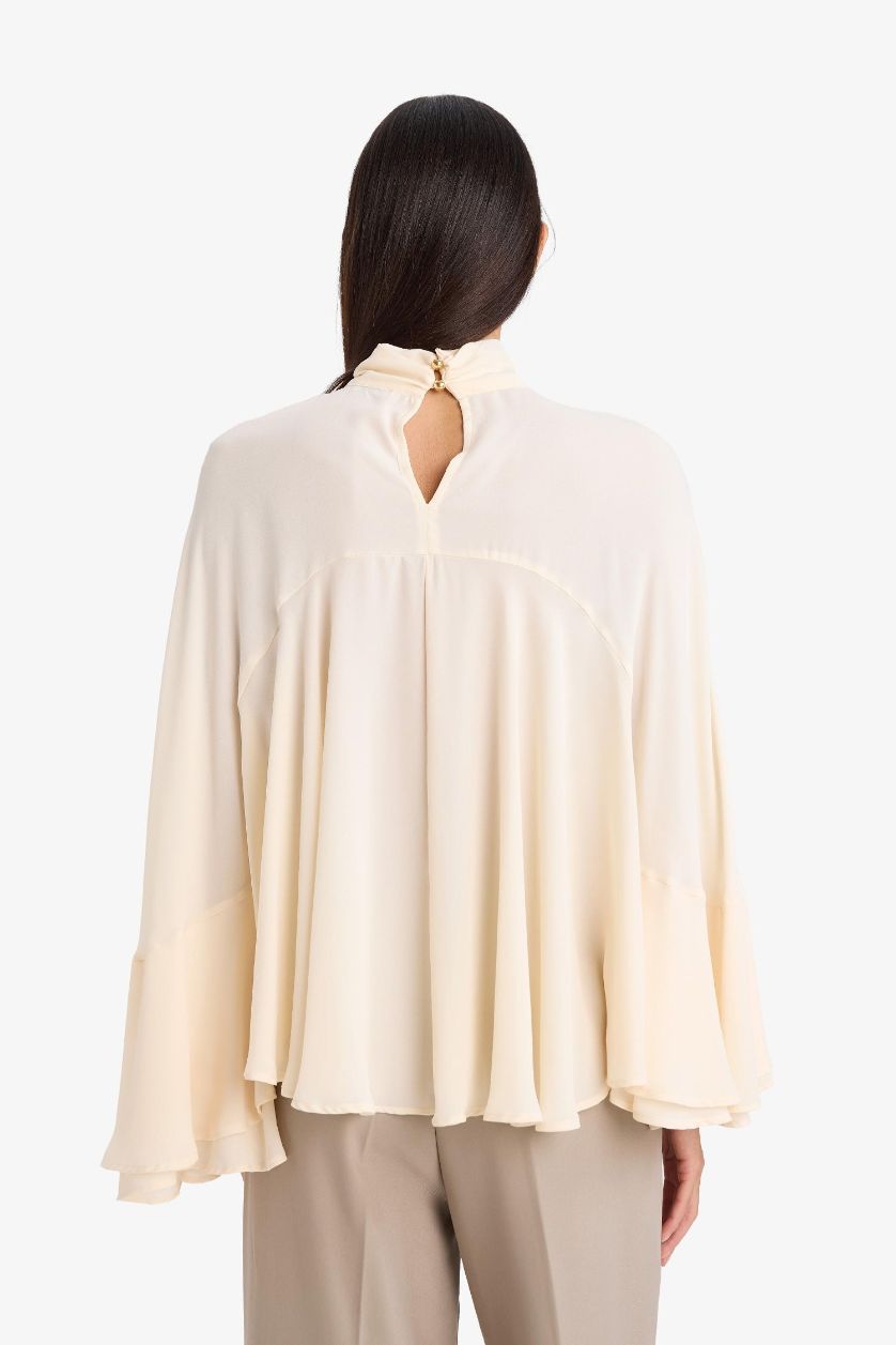 Kadın Taş Fashıon Fıt Dik Yaka Krep Uzun Kollu Bluz