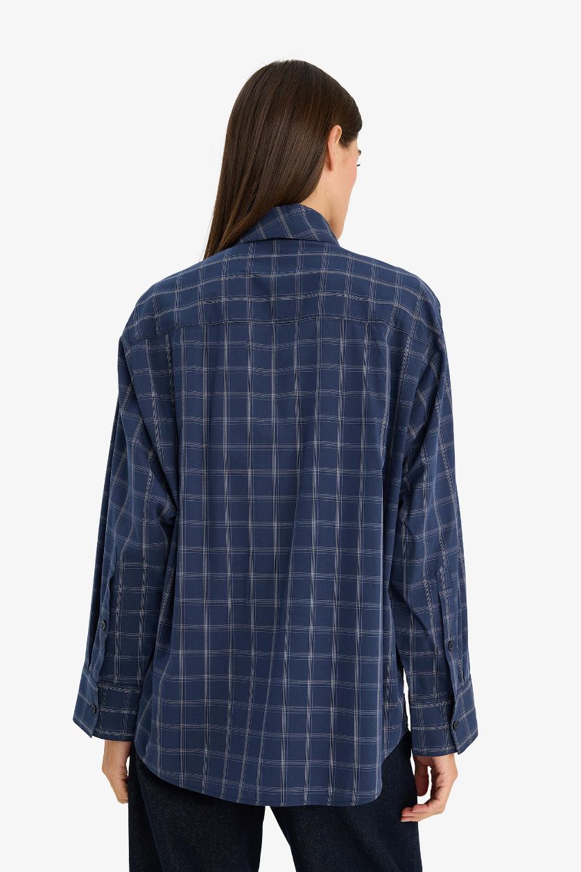 Kadın Lacivert Oversıze Fular Yaka Kareli Poplin Uzun Kollu Gömlek