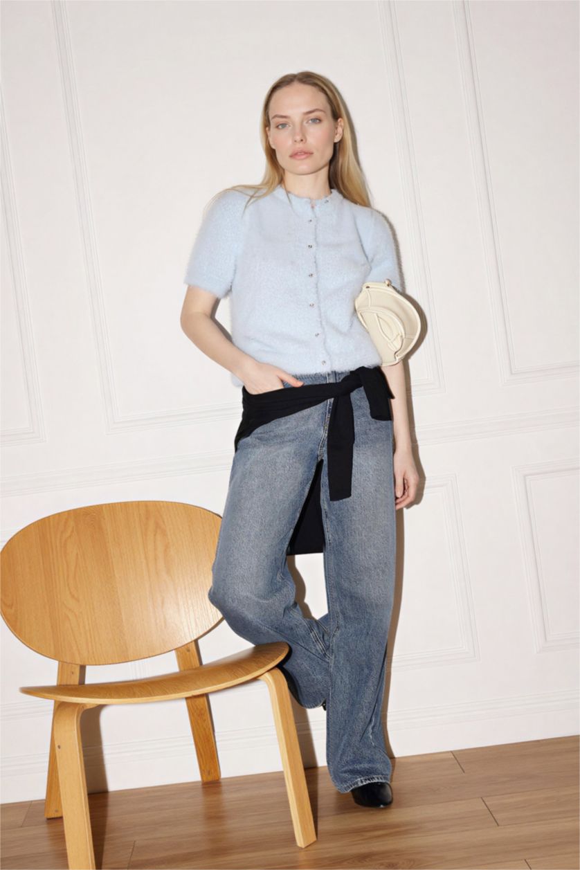 نساء أزرق فاتح سترة تريكو قصة عادية برقبة مستديرة