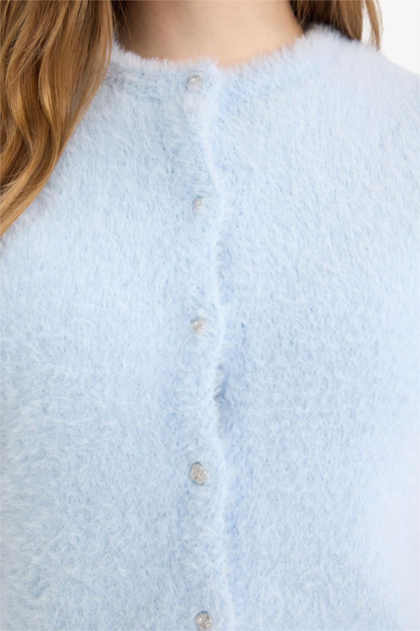 نساء أزرق فاتح سترة تريكو قصة عادية برقبة مستديرة