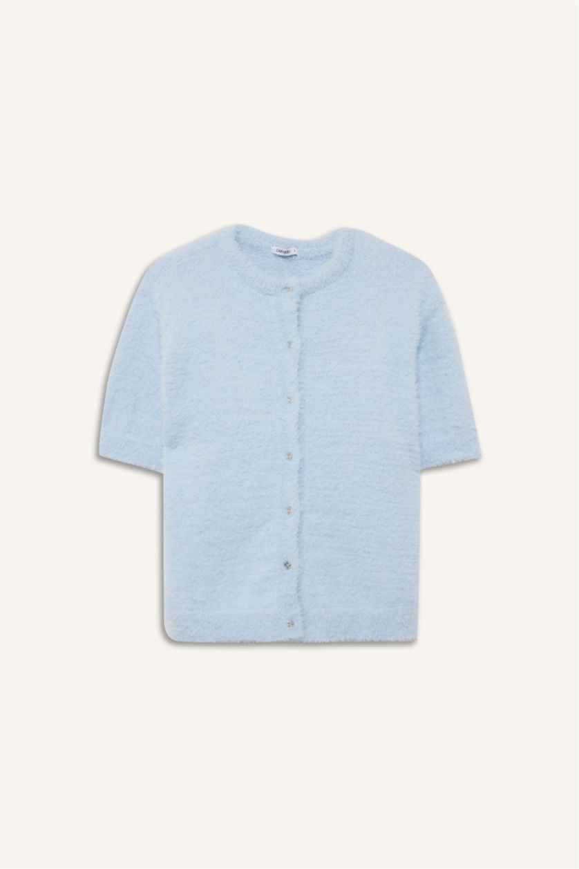 نساء أزرق فاتح سترة تريكو قصة عادية برقبة مستديرة