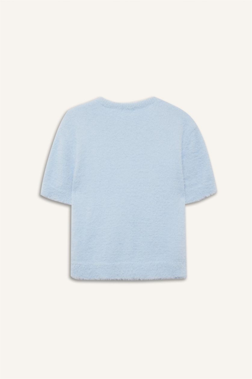 نساء أزرق فاتح سترة تريكو قصة عادية برقبة مستديرة