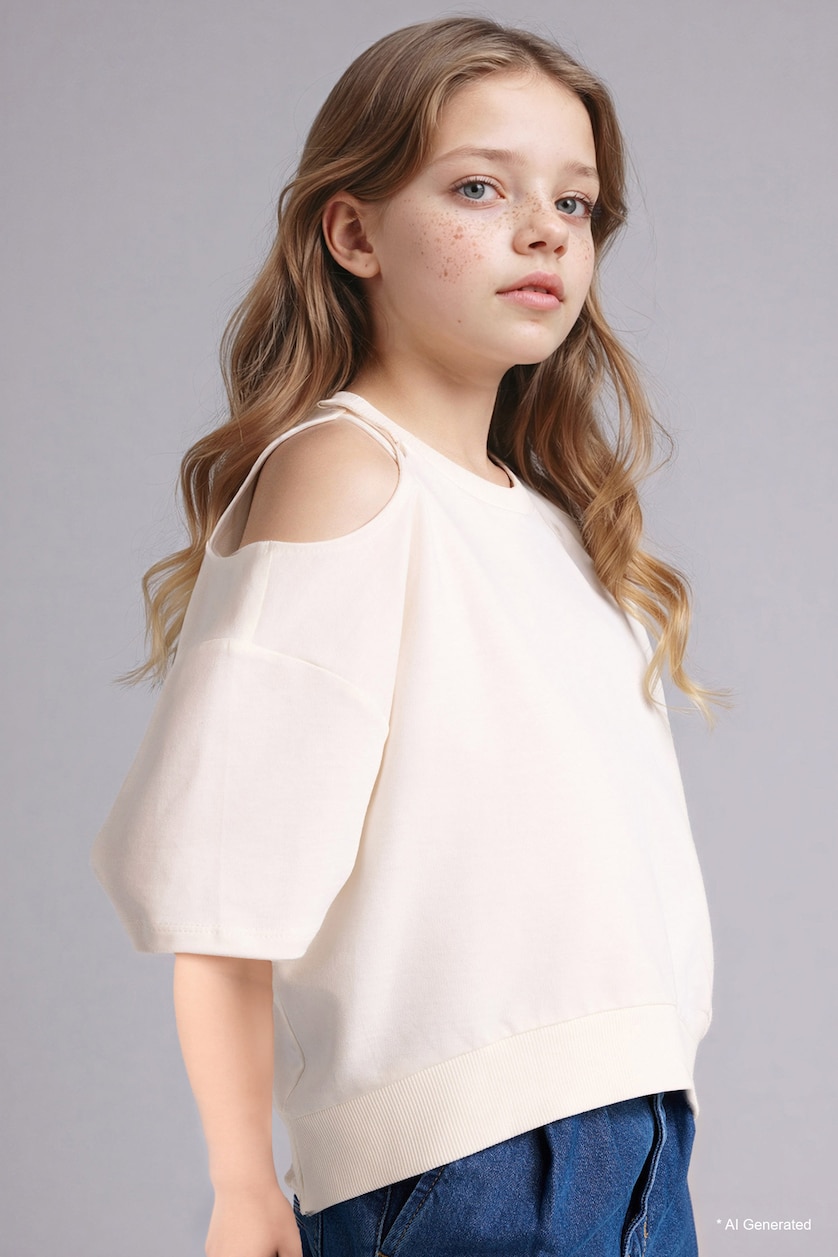 GIRLS & TEENS Ecru Girl Oversize Crew Neck Short Sleeve T-Shirt
