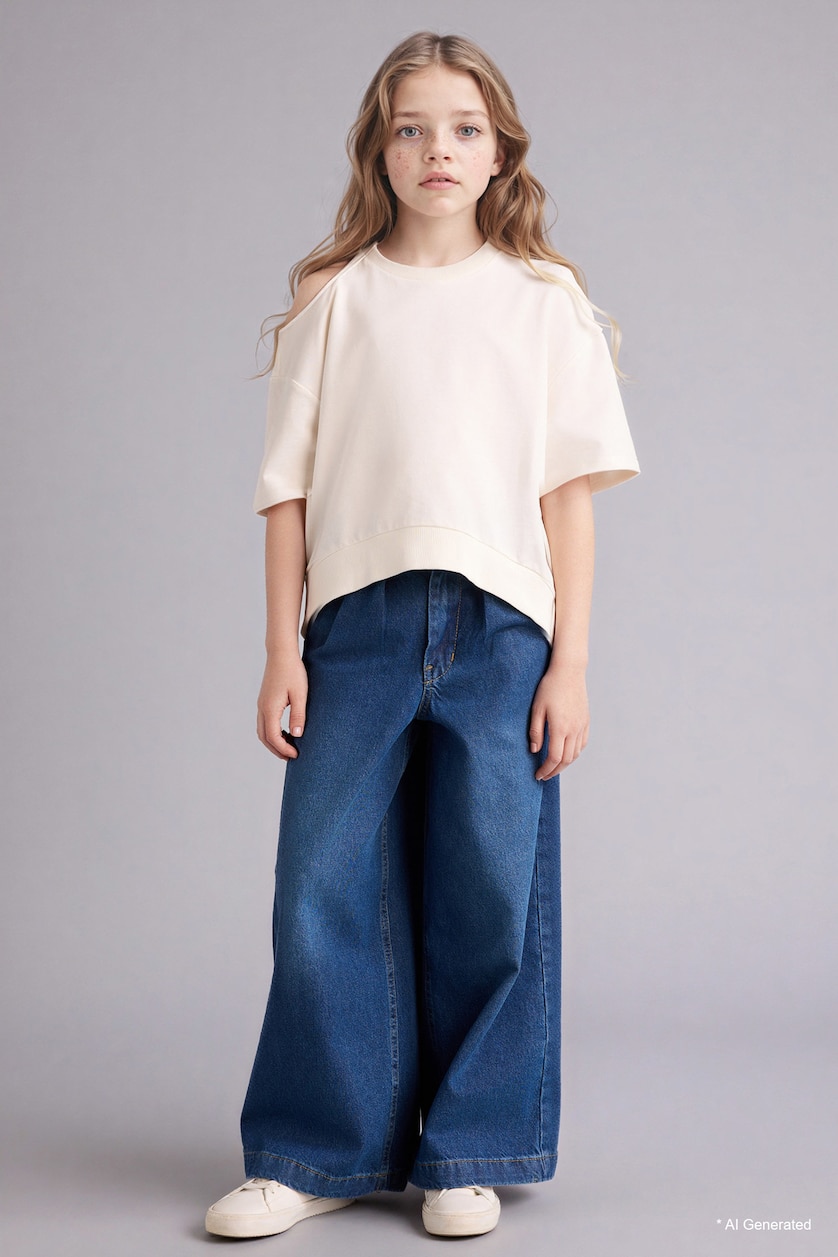 GIRLS & TEENS Ecru Girl Oversize Crew Neck Short Sleeve T-Shirt