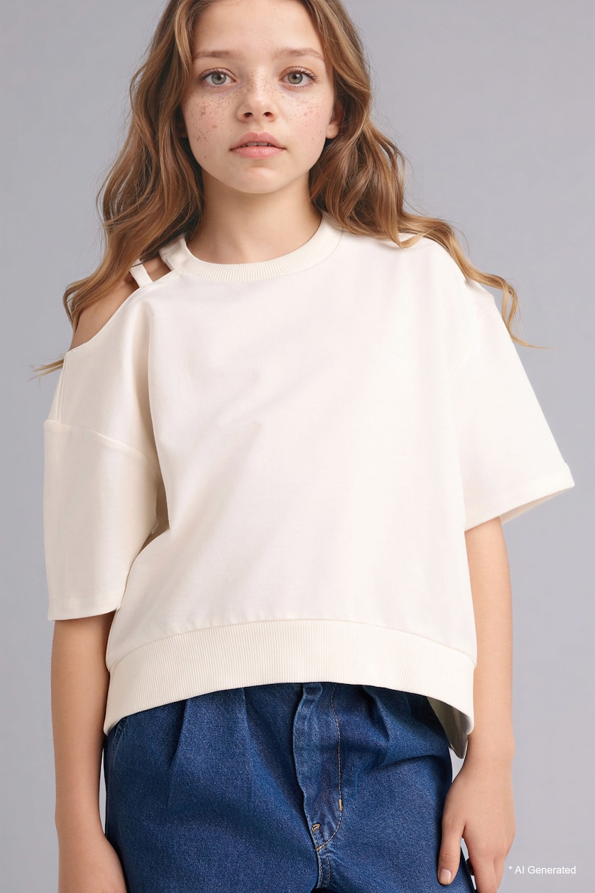 GIRLS & TEENS Ecru Girl Oversize Crew Neck Short Sleeve T-Shirt