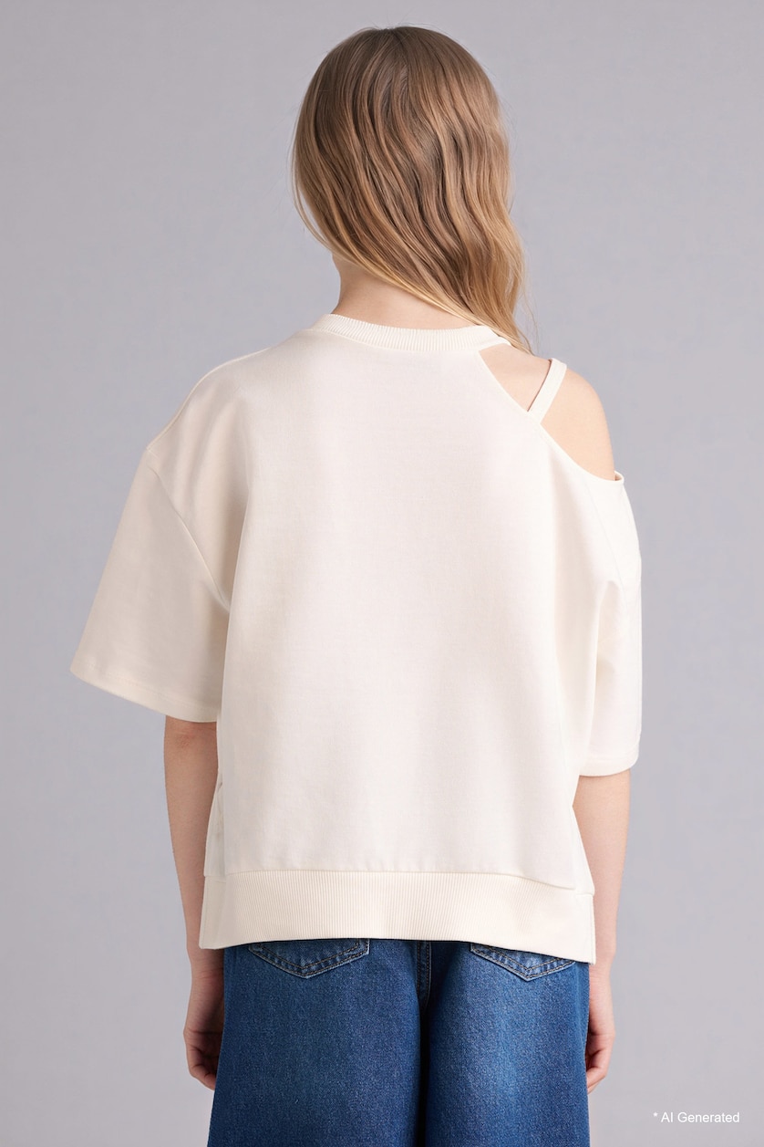 GIRLS & TEENS Ecru Girl Oversize Crew Neck Short Sleeve T-Shirt