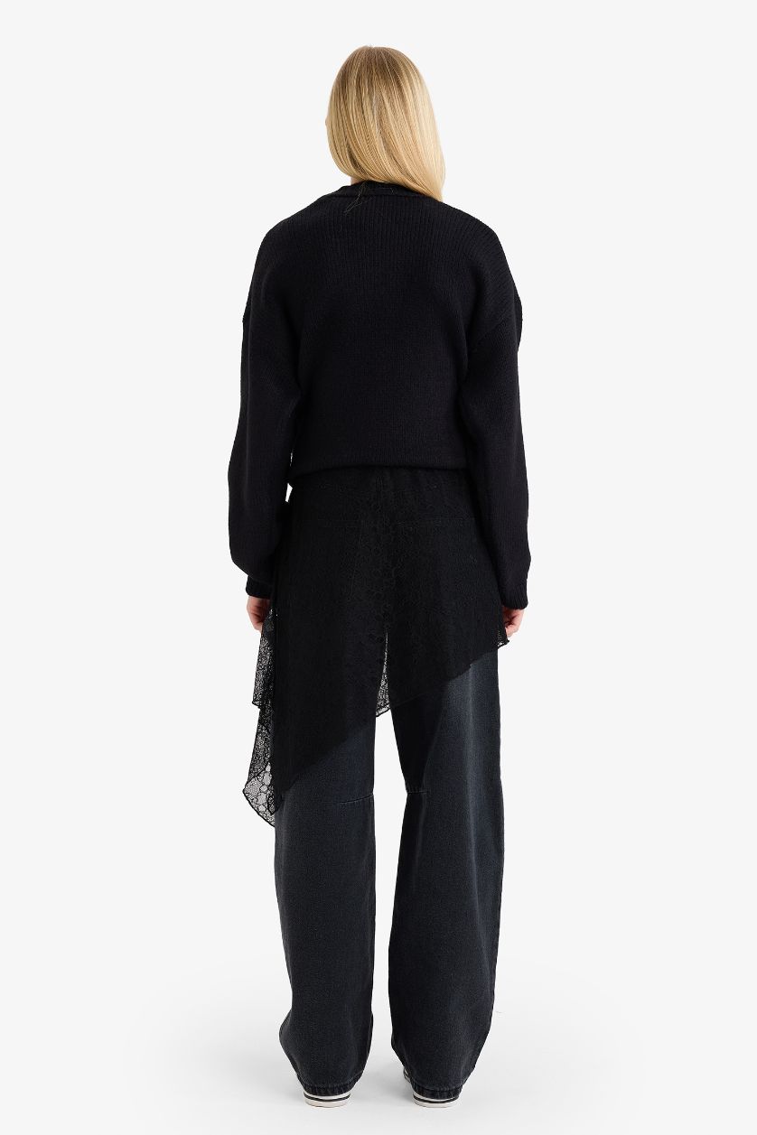 Kadın Siyah A Kesim Normal Bel Dantel Bağlamalı Pareo