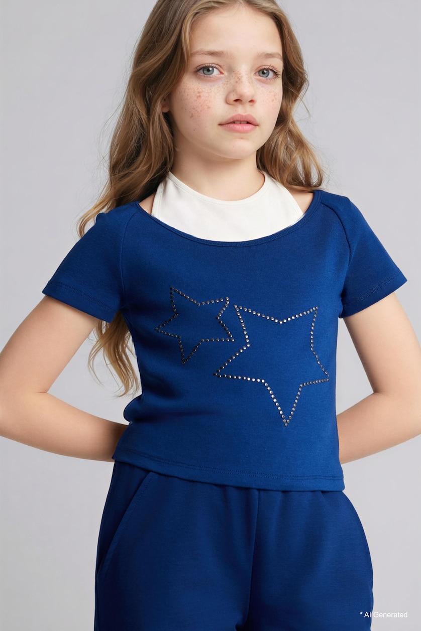 Girls & Teens NAVY تيشيرت بناتي نص ردن مضلع قصة عادية بطبعة نجم