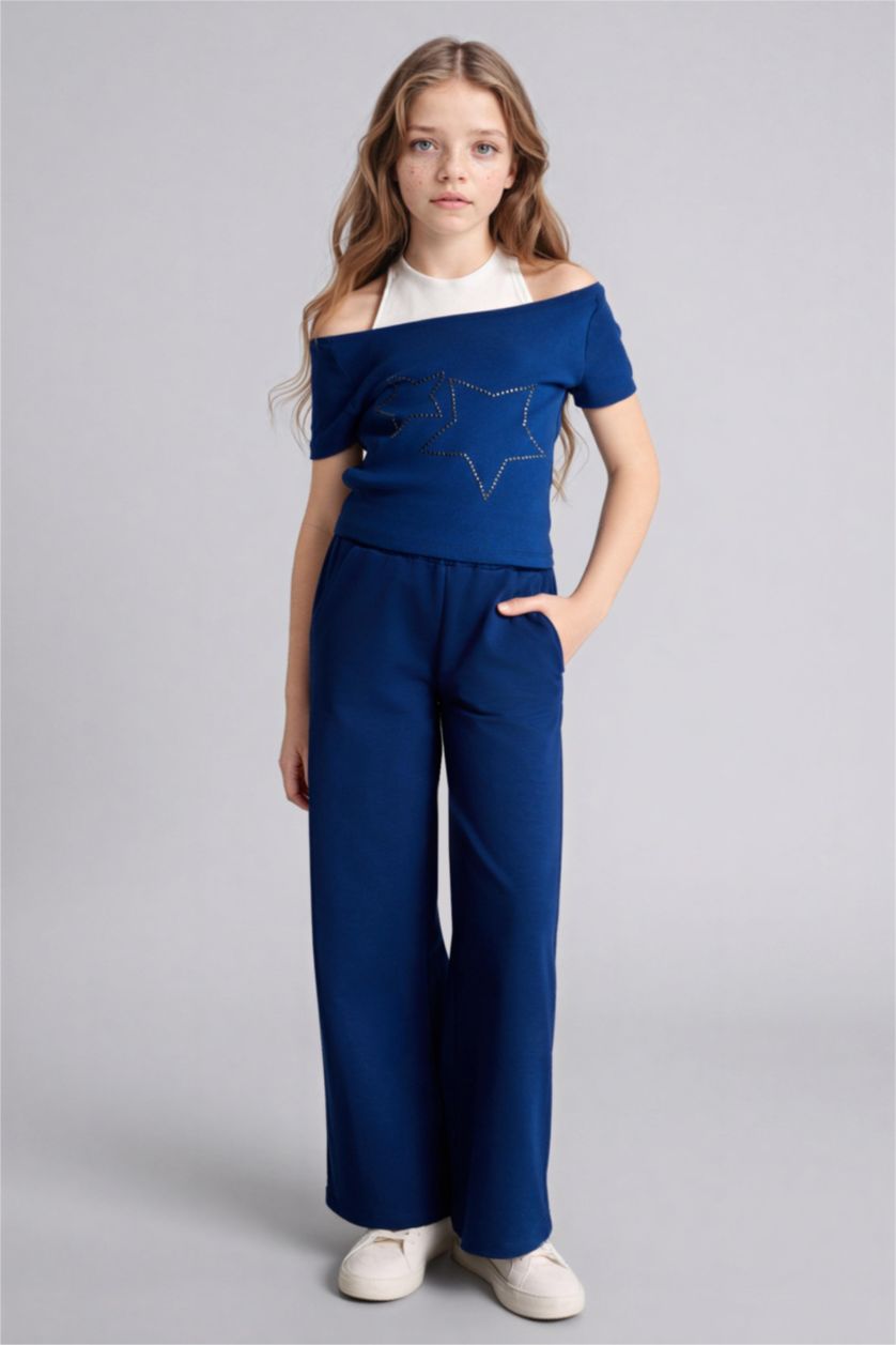 بنات كحلي تيشيرت بناتي نص ردن مضلع قصة عادية بطبعة نجم