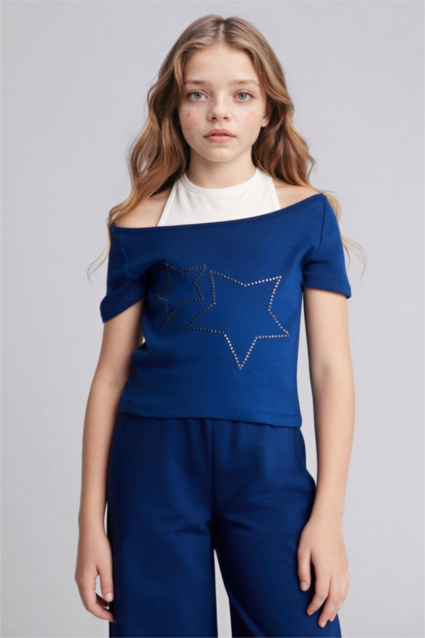 بنات كحلي تيشيرت بناتي نص ردن مضلع قصة عادية بطبعة نجم