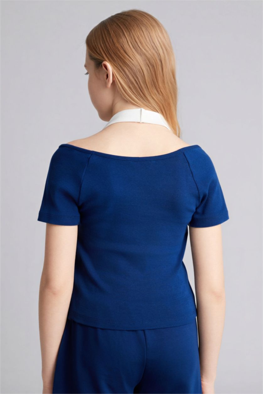 بنات كحلي تيشيرت بناتي نص ردن مضلع قصة عادية بطبعة نجم