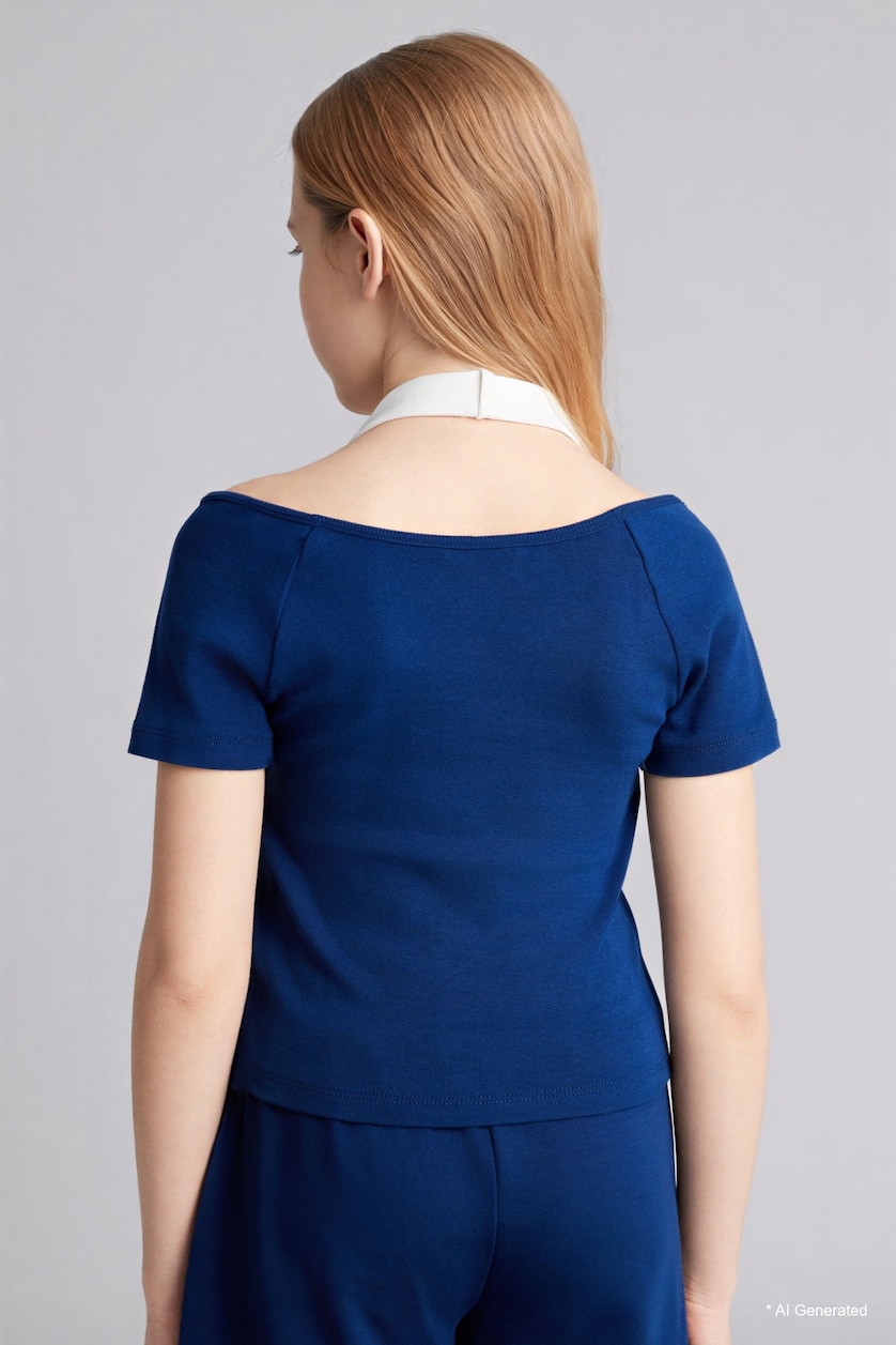Girls & Teens NAVY تيشيرت بناتي نص ردن مضلع قصة عادية بطبعة نجم