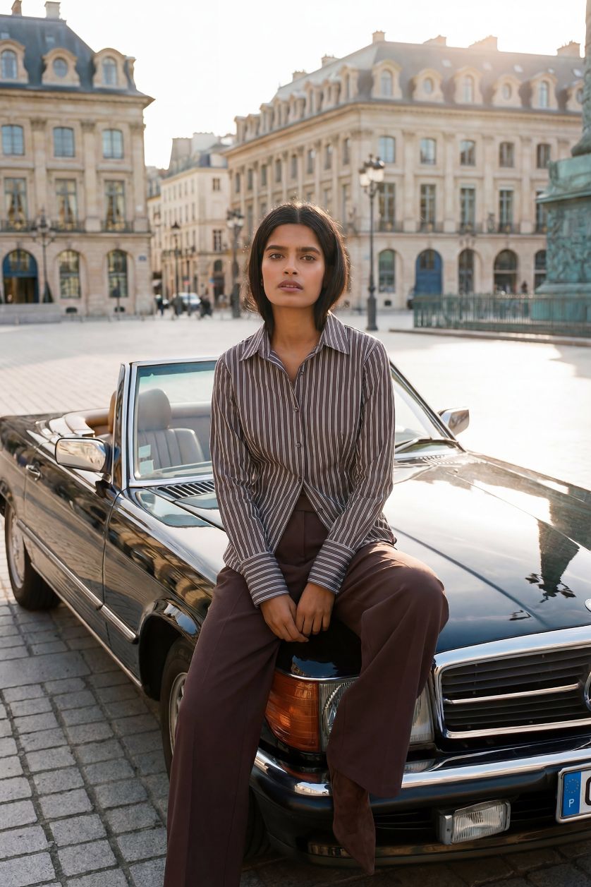 Kadın Kahve Fitted Çizgili Gömlek