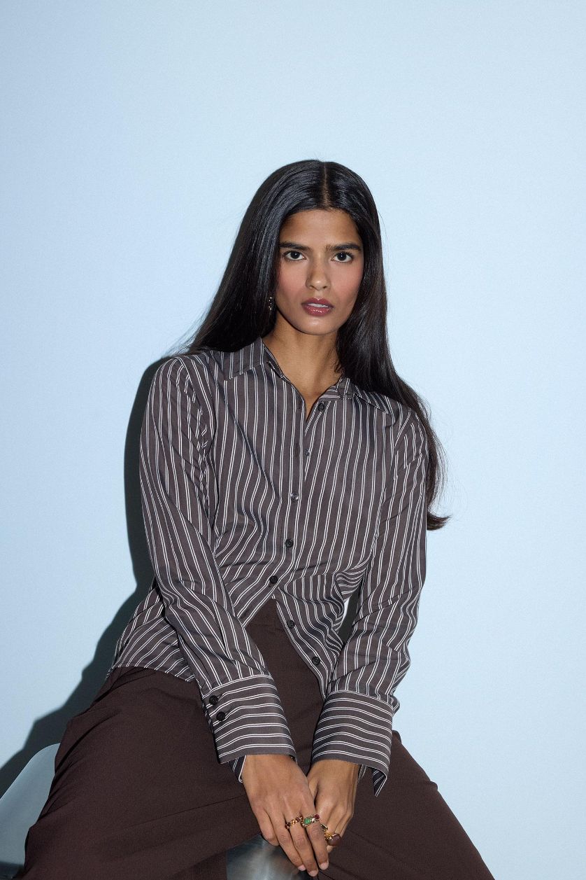 Kadın Kahve Fitted Çizgili Gömlek