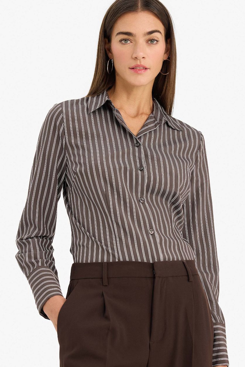 Kadın Kahve Fitted Çizgili Gömlek