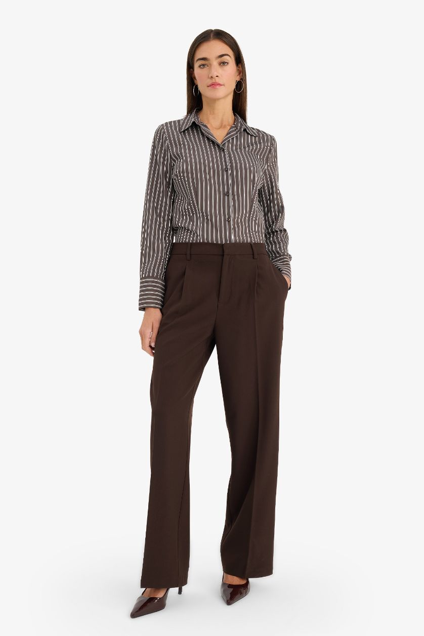 Kadın Kahve Fitted Çizgili Gömlek