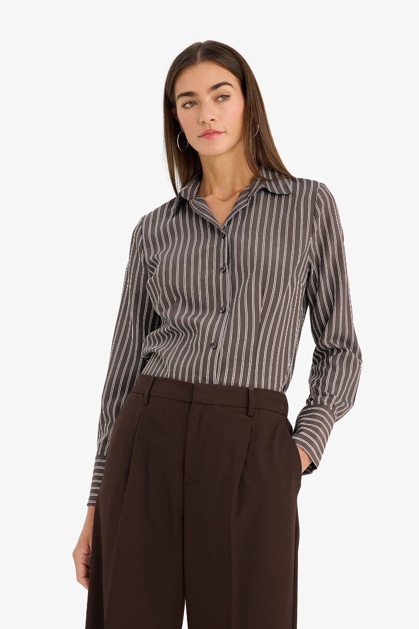 Kadın Kahve Fitted Çizgili Gömlek