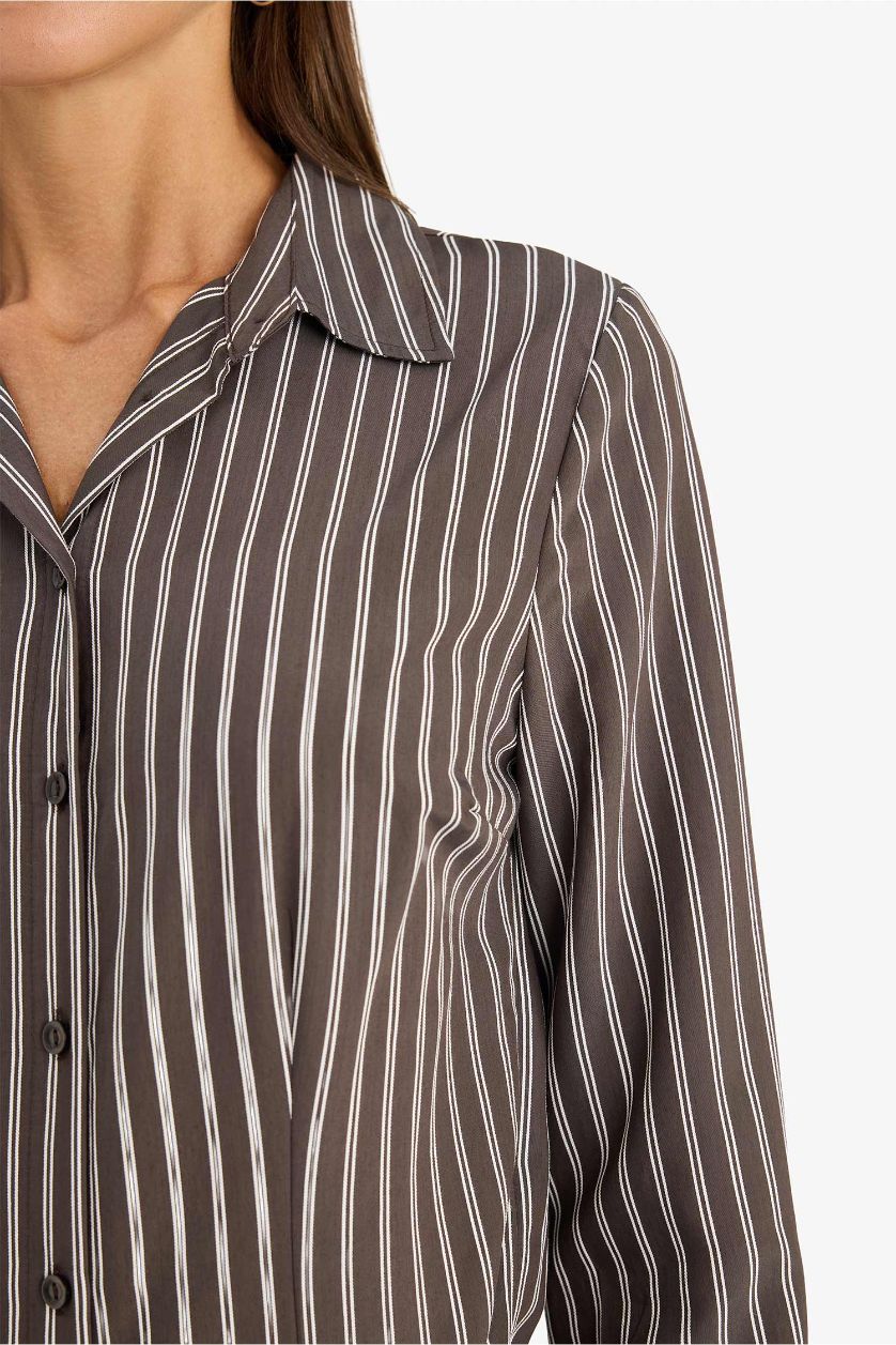 Kadın Kahve Fitted Çizgili Gömlek