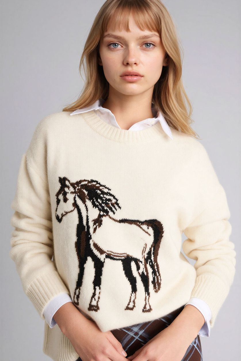 FEMME Écru Pull à col rond Coupe régulière