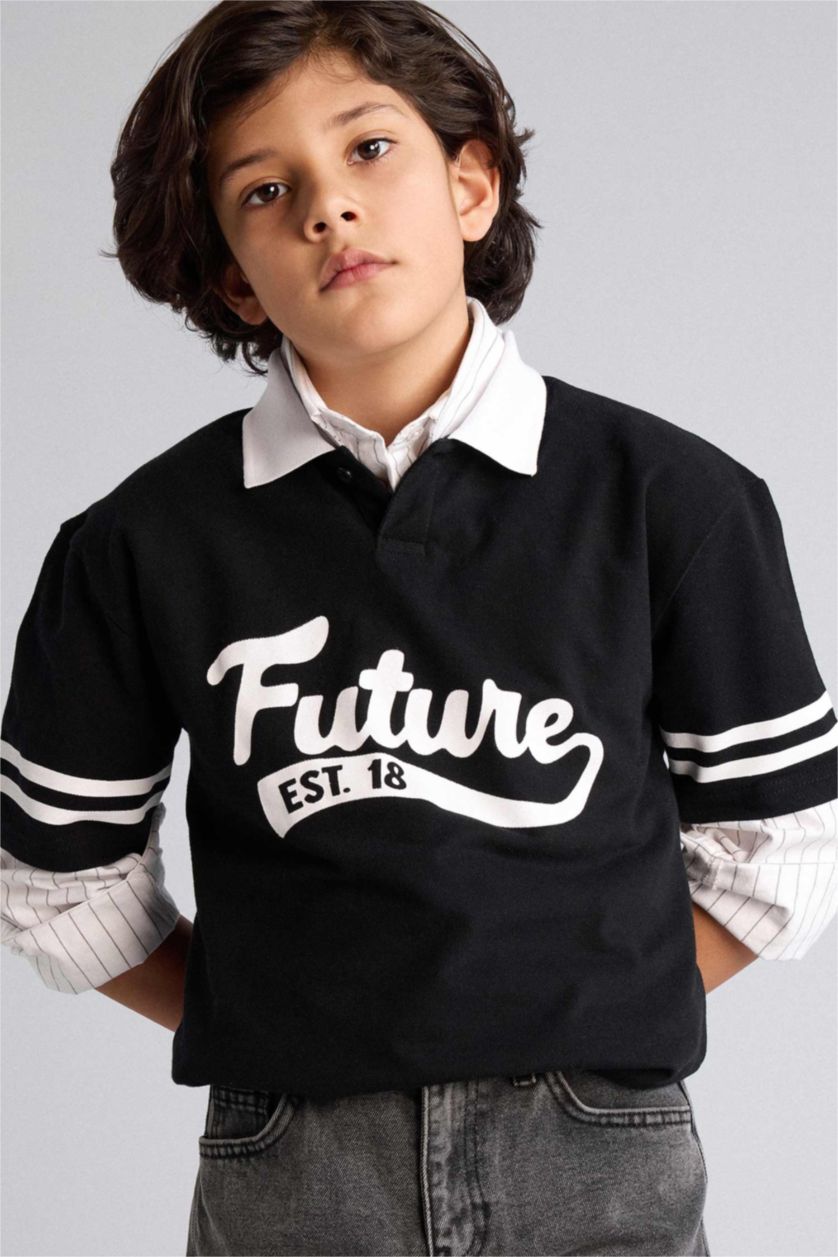 Erkek Çocuk - Genç Erkek Siyah Oversıze Pike Polo Tişört