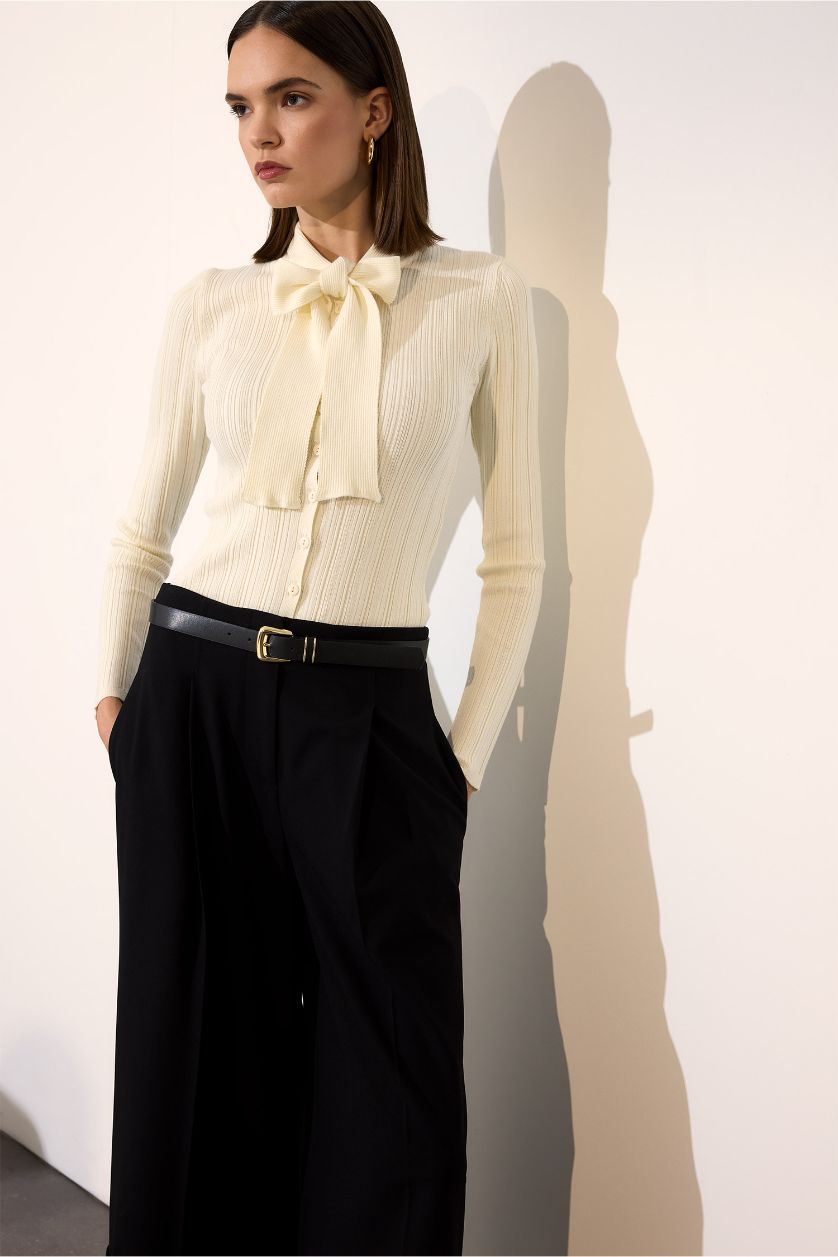 WOMAN Ecru Slim Fit Bowtie Knitwear Pullover